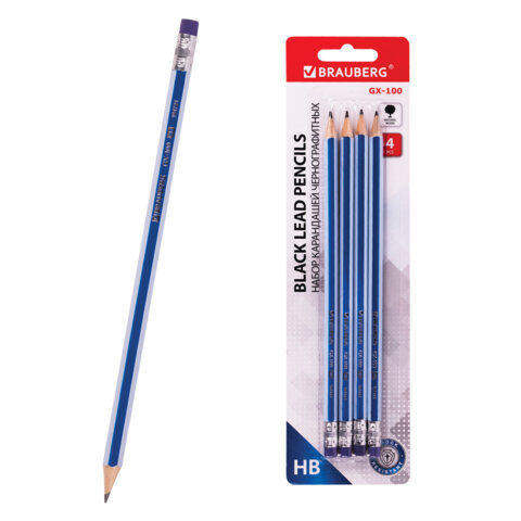 Набор карандашей чернографитных BRAUBERG GX-100 4 шт., HB, с ластиком, корпус синий, 181721