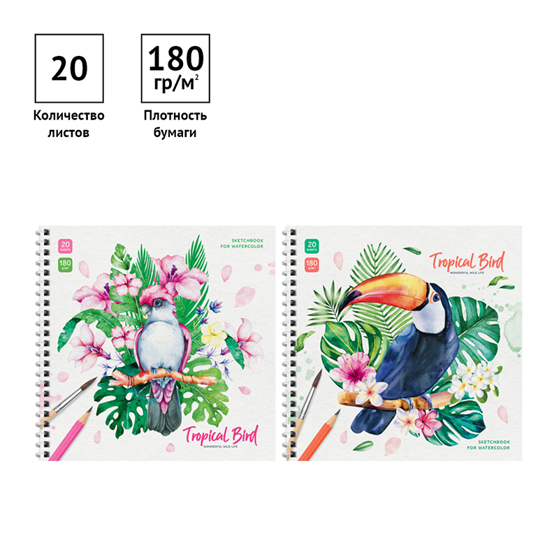 Скетчбук для акварели 20л. 190*190 на гребне ArtSpace "Tropical Bird", 180г/м2