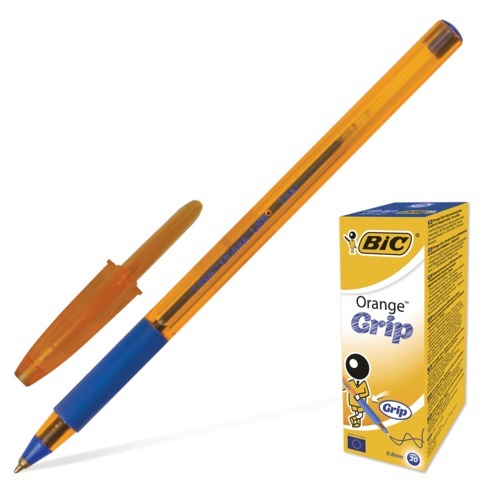 Ручка шариковая BIC "Orange Grip", корпус оранжевый, узел 0,8 мм, линия 0,3 мм, резиновый упор, синя