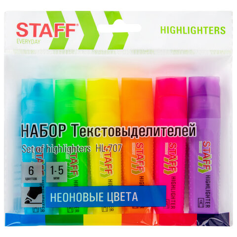 Набор текстовыделителей 6 НЕОНОВЫХ ЦВЕТОВ, STAFF "EVERYDAY HL-707", линия 1-5 мм, скошенный наконечник