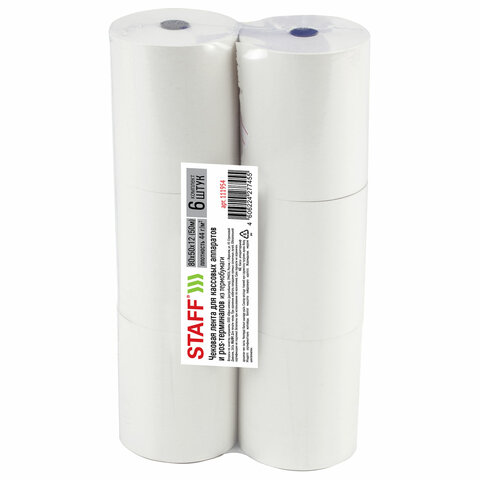 Чековая лента ТЕРМОБУМАГА 80 мм (диаметр 65 мм, длина 50 м, втулка 12 мм), КОМПЛЕКТ 6 шт., 44 г/м2, STAFF