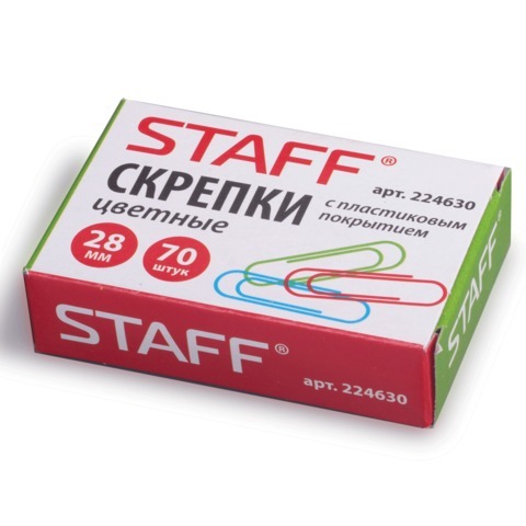 Скрепки STAFF, 28 мм, цветные, 70 шт., в картонной коробке, Россия