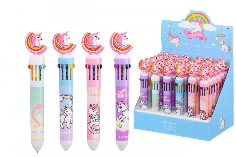 Авторучка 10-и цветная: детская; "ЕДИНОРОЖКА"; цветной корпус /ассорти/, прорезиненный наконечник-единорог на радуге; 0,5 mm.