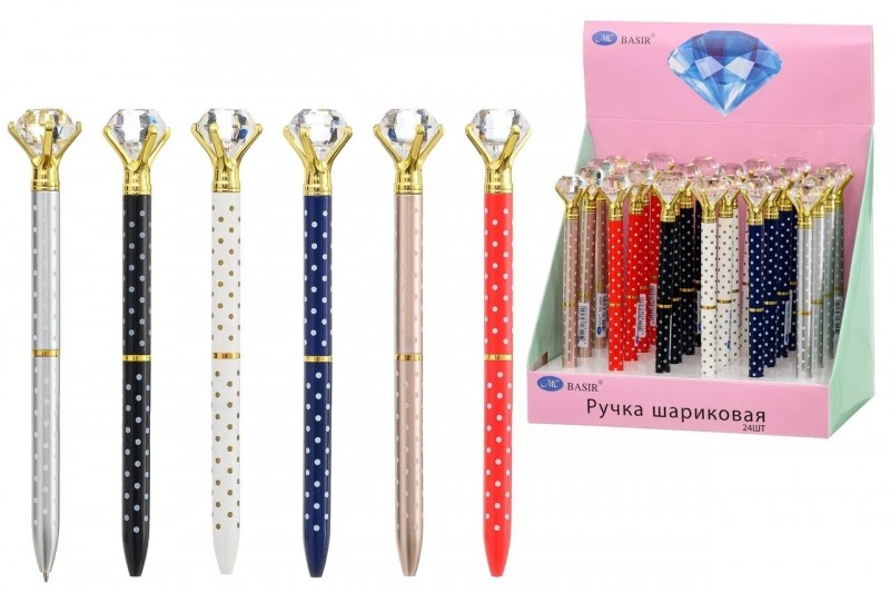 Шариковая ручка с поворотным механизмом: цветной корпус в горошек /ассорти/, наконечник-крупный кристалл; цвет чернил синий.
