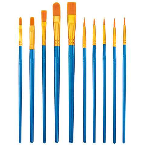 Кисти набор 10 шт., синтетика, синие, № 2/0-8 (Круглые; Овальные; Плоские; Лайнеры), WBZ (ВБЗ)