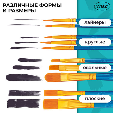 Кисти набор 10 шт., синтетика, синие, № 2/0-8 (Круглые; Овальные; Плоские; Лайнеры), WBZ (ВБЗ)