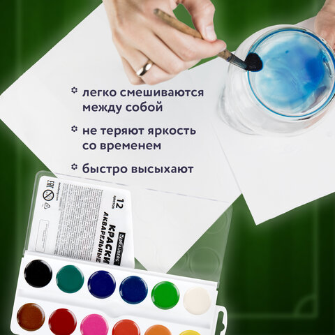 Краски акварельные BRAUBERG 12 цветов "Футбол", медовые, круглые кюветы, 192565