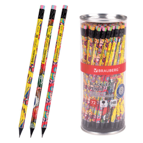 Карандаш чернографитный BRAUBERG "POP-ART", 1 шт., HB, с ластиком, корпус ассорти