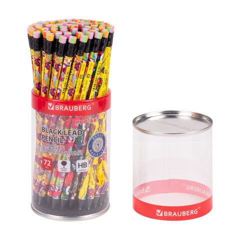 Карандаш чернографитный BRAUBERG "POP-ART", 1 шт., HB, с ластиком, корпус ассорти
