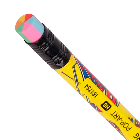 Карандаш чернографитный BRAUBERG "POP-ART", 1 шт., HB, с ластиком, корпус ассорти