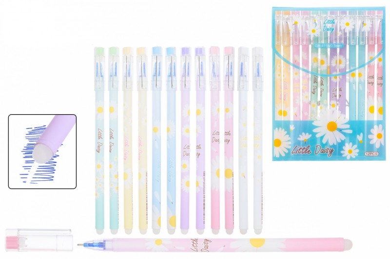 Ручка со стираемыми чернилами гелевая : "РОМАШКА"; цветной с рисунком корпус /ассорти/; толщина пишущего наконечника-0,5 mm; цвет чернил-синий, в плас