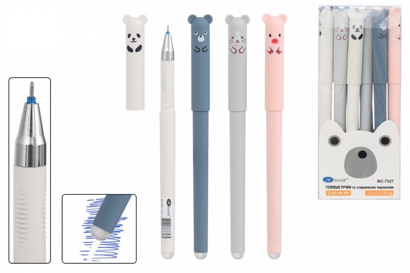 Ручка со стираемыми чернилами гелевая: "ЖИВОТНЫЕ"; цветной корпус под soft /ассорти/, фигурный колпачок ; 0,5 mm, цвет чернил синий.