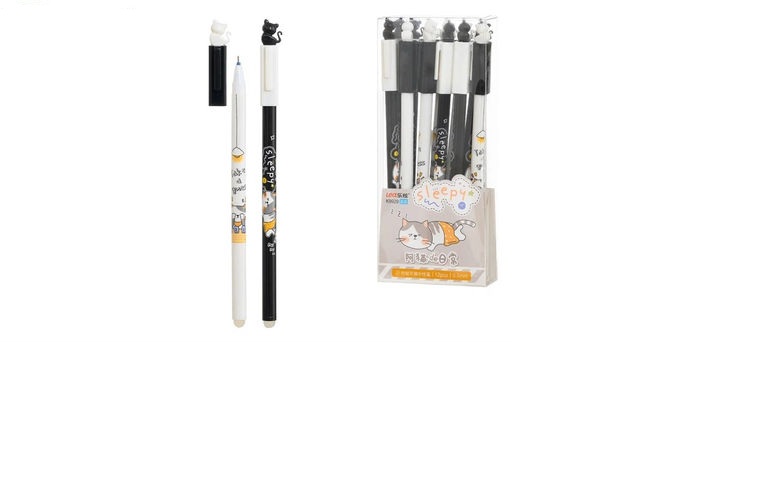 Ручка со стираемыми чернилами гелевая: "КОТЁНОК"; белый и чёрный корпус с рисунком /ассорти/, колпачок с фигуркой кошки; 0,5 mm, цвет чернил синий.