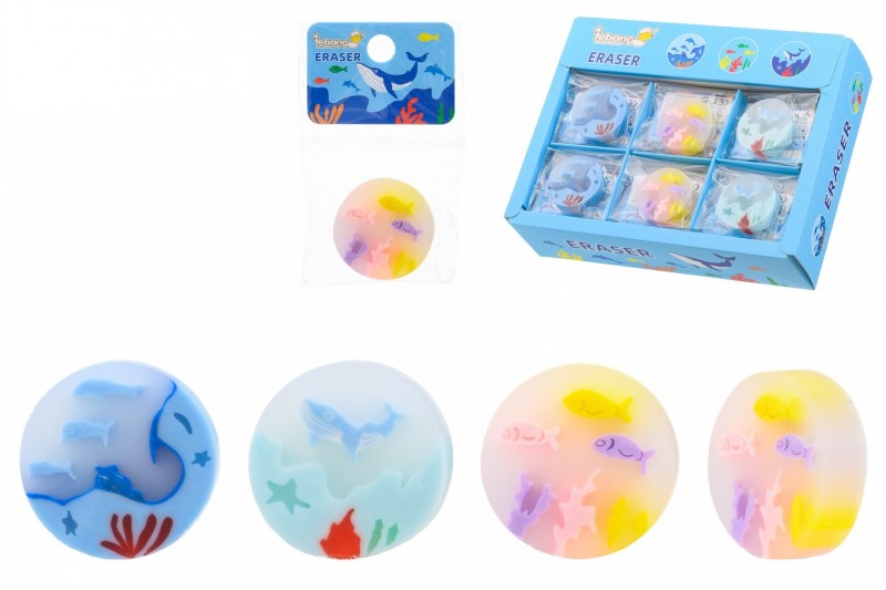 Ластик: "ПОДВОДНЫЙ МИР"; цветной, мягкий, круглой формы /ассорти/; размер 3,7*3,7 см, в индивидуальной упаковке.
