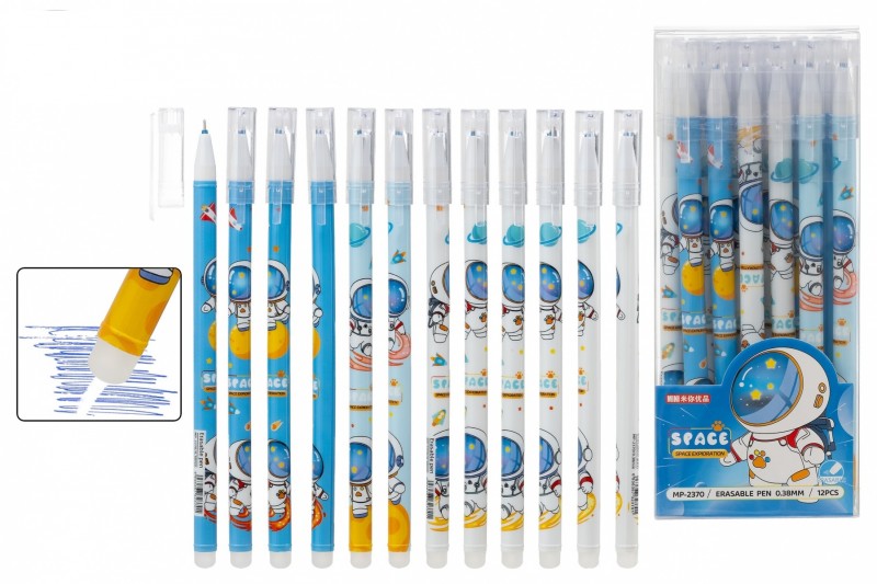 Ручка со стираемыми чернилами гелевая : "КОСМОНАВТ"; цветной с рисунком корпус /ассорти/; толщина пишущего наконечника-0,38 mm; цвет чернил-синий; в п