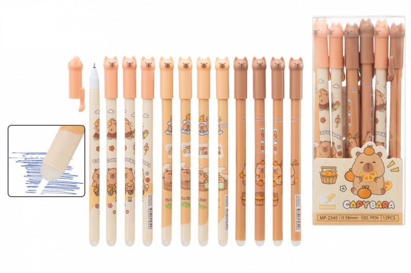 Ручка со стираемыми чернилами гелевая: "КАПИБАРА"; цветной с рисунком корпус /ассорти/, фигурный колпачок; толщина пишущего наконечника-0,38 mm; цвет