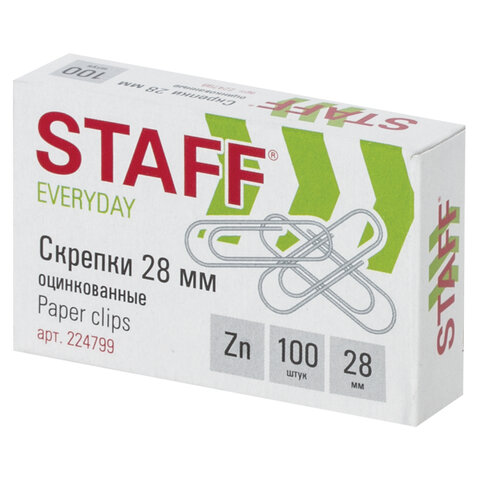 Скрепки STAFF, 28 мм, оцинкованные, 100 шт., в картонной коробке