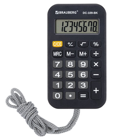 Калькулятор карманный со шнурком BRAUBERG DC-109-BK (61x110 мм), 8 разрядов, ЧЕРНЫЙ