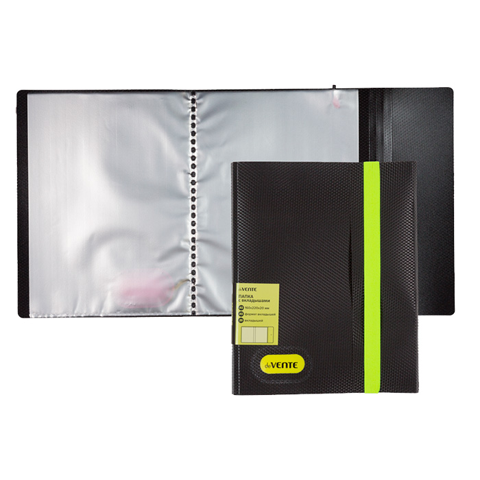 Папка с 20 вкладышами А5 deVente "Monochrome", 500мкм, черная, резинка - желтый неон
