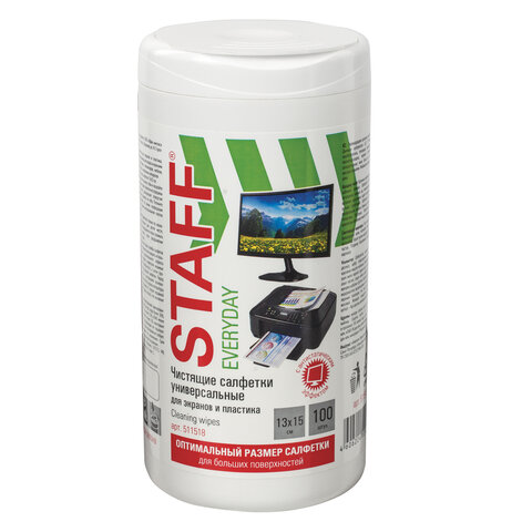 Салфетки для экранов всех типов и пластика универсальные STAFF "EVERYDAY", 13х15 см, туба 100 шт., в