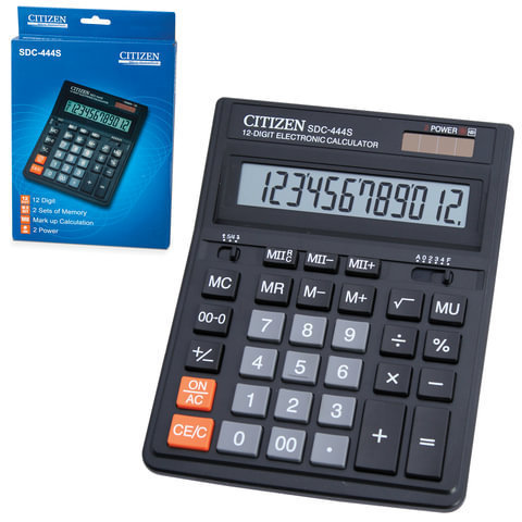 Калькулятор CITIZEN настольный SDC-444S, 12 разрядов, двойное питание, 199x153 мм