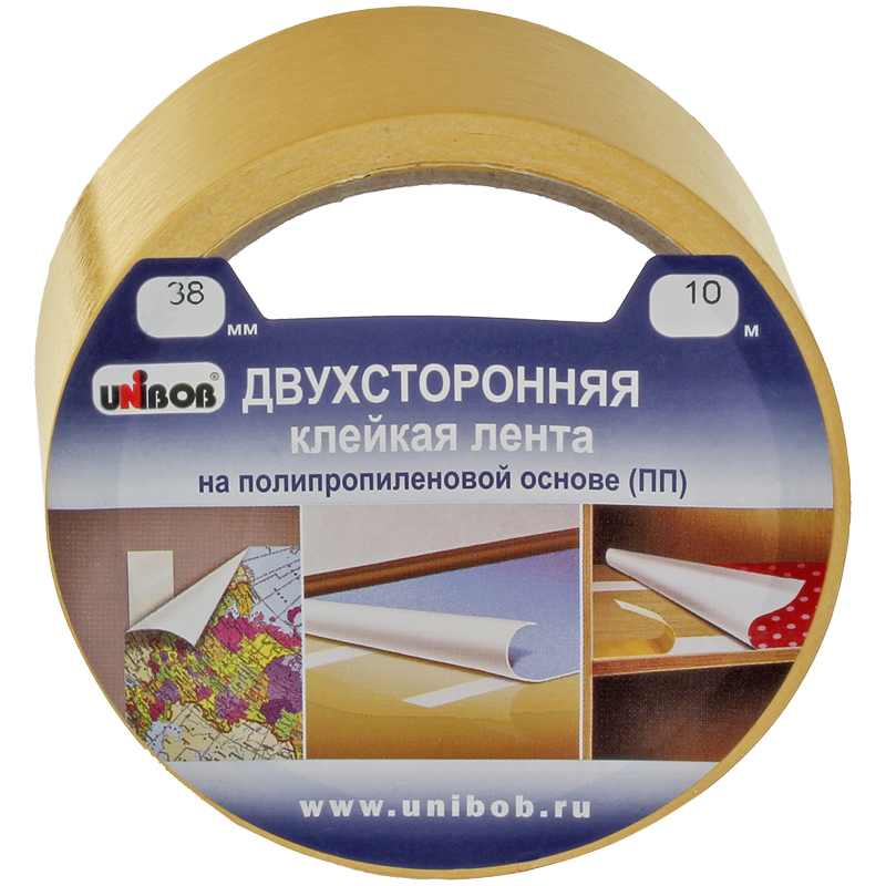 Клейкая лента двусторонняя Unibob, 38мм*10м, полипропилен, инд. упаковка