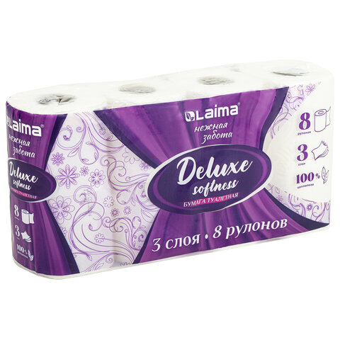 Бумага туалетная 3-х слойная, 8 рулонов (8х16,5 м), LAIMA Deluxe, 100% целлюлоза