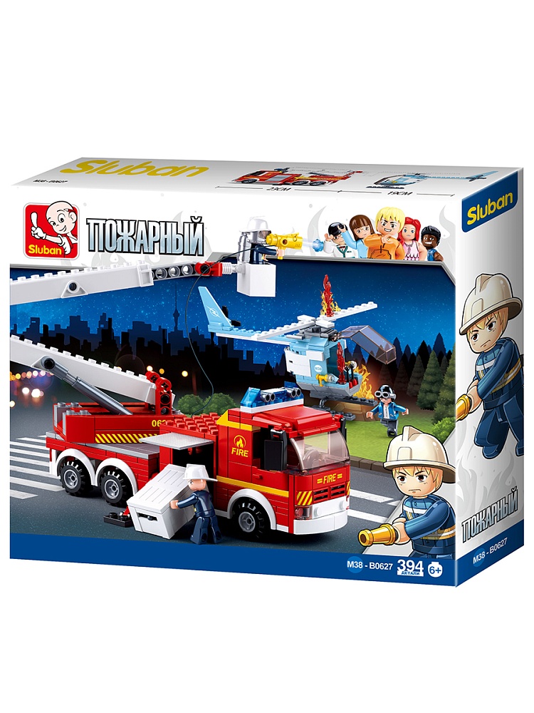 Конструктор пластиковый. SLUBAN Пожарные.Пожарная машина с вертолетом (394 детали, 3 дет.)