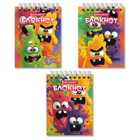 Блокнот МАЛЫЙ ФОРМАТ А7, 75х105 мм, 40 л., гребень, клетка, кросс-серия "МОНСТРИКИ", BRAUBERG