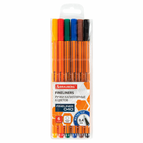 Ручки капиллярные (линеры) 6 ЦВЕТОВ, BRAUBERG "FINE 040", шестигранные, линия 0,4 мм