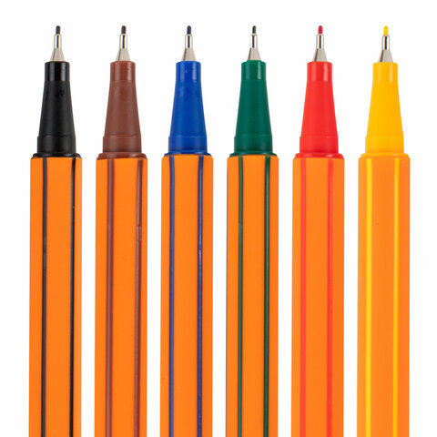 Ручки капиллярные (линеры) 6 ЦВЕТОВ, BRAUBERG "FINE 040", шестигранные, линия 0,4 мм