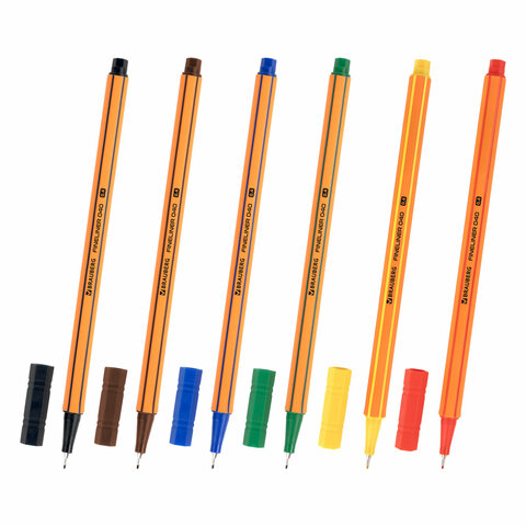 Ручки капиллярные (линеры) 6 ЦВЕТОВ, BRAUBERG "FINE 040", шестигранные, линия 0,4 мм