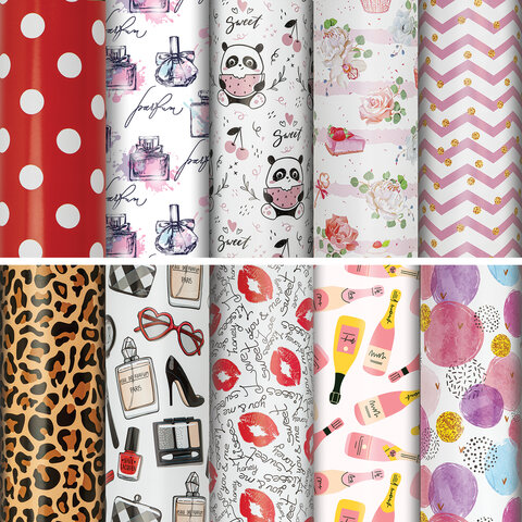 Бумага упаковочная подарочная мелованная "For Women", 70x100 см, 10 дизайнов ассорти, ЗОЛОТАЯ СКАЗКА