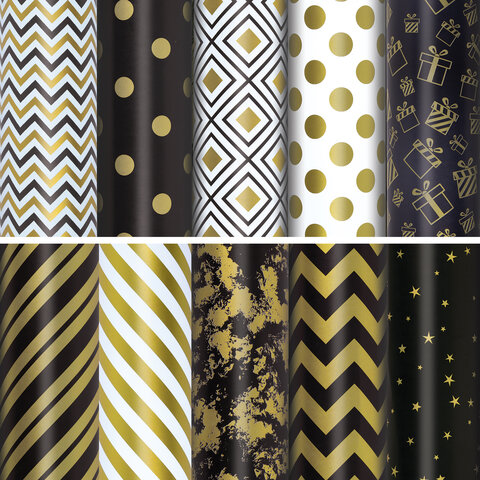 Бумага упаковочная подарочная мелованная "Golden pattern", 70x100 см, 10 дизайнов ассорти, ЗОЛОТАЯ СКАЗКА