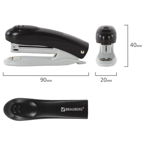 Степлер BRAUBERG "Einkommen", №10, до 12 листов, металлический механизм, антистеплер, черный