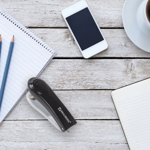 Степлер BRAUBERG "Einkommen", №10, до 12 листов, металлический механизм, антистеплер, черный