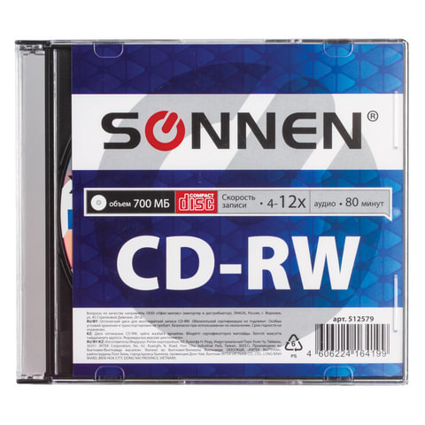 Диск CD-RW SONNEN, 700 Mb, 4-12x, Slim Case (1 штука)