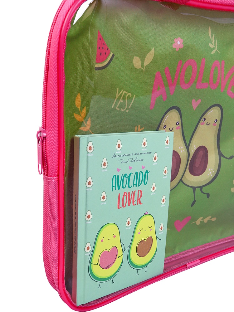 Папка-сумка на молнии с ручками А4 ЛЮБОВЬ АВОКАДО-4 (П-1082) с прозрачной вставкой и дизайном