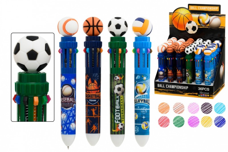 Авторучка 10-ти цветная: детская; "СПОРТ"; цветной корпус с рисунком /ассорти/,клип в форме мяча.0.5 mm.