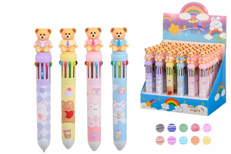 Авторучка 10-и цветная: детская; "МИШКА"; цветной корпус с рисунком /ассорти/, прорезиненный наконечник; 0,5 mm.