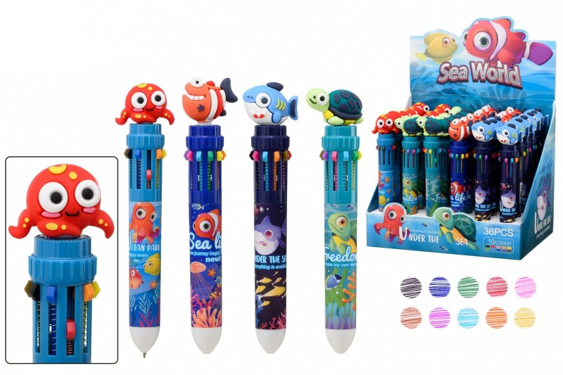 Авторучка 10-и цветная: детская; "ПОДВОДНЫЙ МИР"; цветной корпус с рисунком /ассорти/, прорезиненный наконечник-ластик; 0,5 mm.