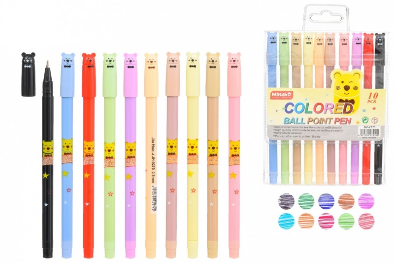 Набор шариковых ручек с чернилами на масляной снове: "МИШКИ"; цветной /в цвет чернил/ корпус, колпачок в форме мишки, в пластиковой упаковке на липучк