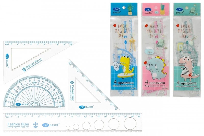 Набор линеек: 4 предмета: пластиковые, прозрачные; 2 треугольника, транспортир, линейка с трафаретом 20 см; в п/э упаковке /рисунок динозаврики/