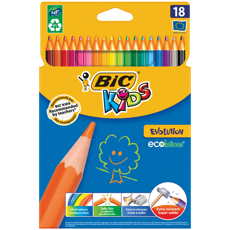 Карандаши пластиковые Bic "Evolution 93", 18цв., заточен., картон, европодвес