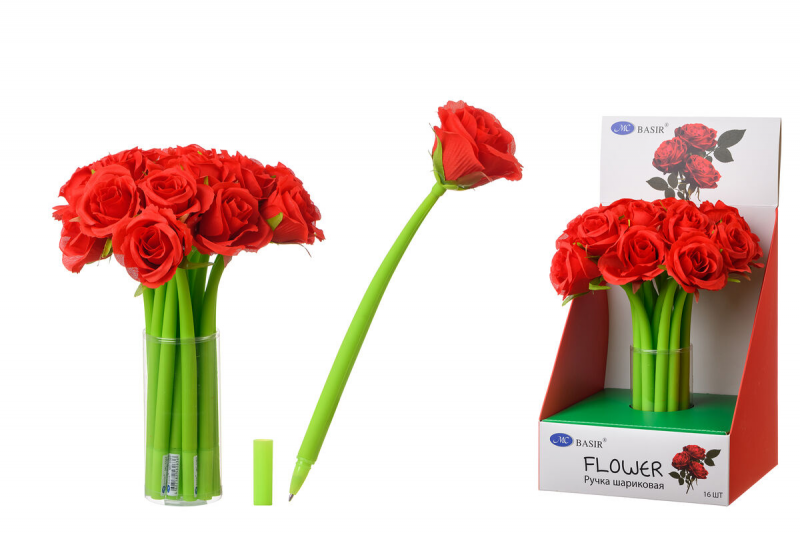Шариковая ручка: "КРАСНАЯ РОЗА"; прорезиненный корпус зелёного цвета, наконечник цветок, цвет чернил-синий.