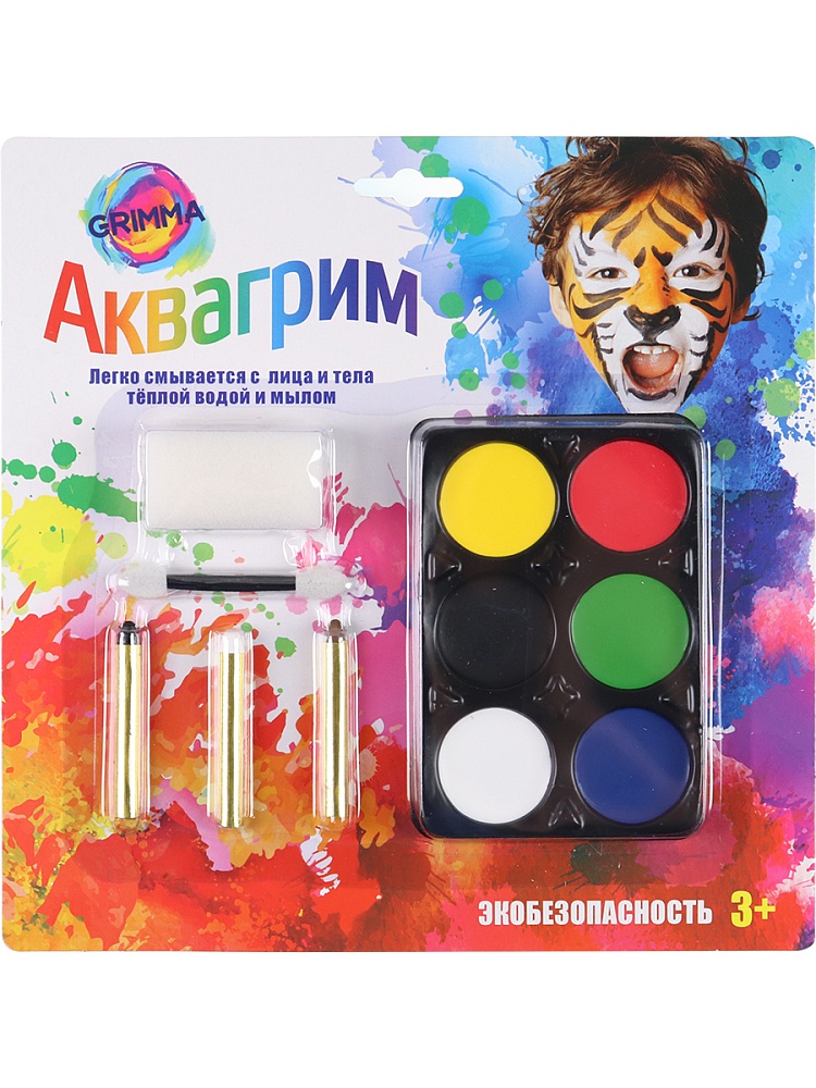 Набор аквагрима для детей-6 цветов, карандаш-3шт, спонж 1шт, апплик 1шт (Арт.КС-3598)