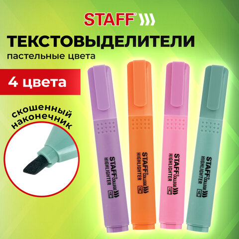 Набор текстовыделителей 4 ПАСТЕЛЬНЫХ ЦВЕТА, АССОРТИ, STAFF College "STICK PASTEL", линия письма 1-4 мм, скошенный наконечник