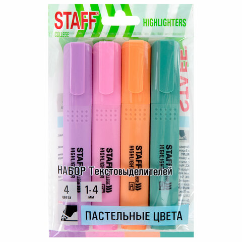 Набор текстовыделителей 4 ПАСТЕЛЬНЫХ ЦВЕТА, АССОРТИ, STAFF College "STICK PASTEL", линия письма 1-4 мм, скошенный наконечник