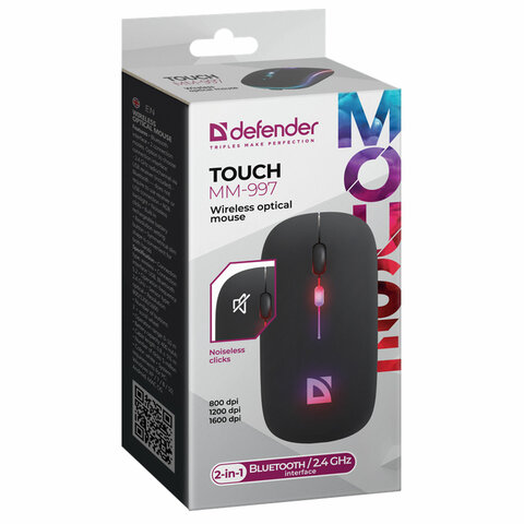 Мышь беспроводная DEFENDER TOUCH MM-997, USB, 3 кнопки+1 колесо-кнопка, оптическая, черная