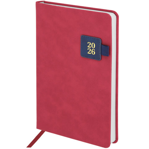 Ежедневник датированный 2026 А5 138х213 мм, BRAUBERG "Accent", под кожу, держатель, красный/синий